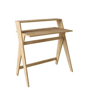 Routon 36.85 in. Rectangular Natural Solid Wood Scissor Leg Writing Desk with Shelf