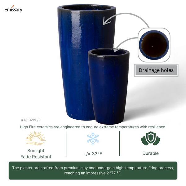 Emissary 13 in. D x 22.5 in. H Blue Ceramic Round Planter