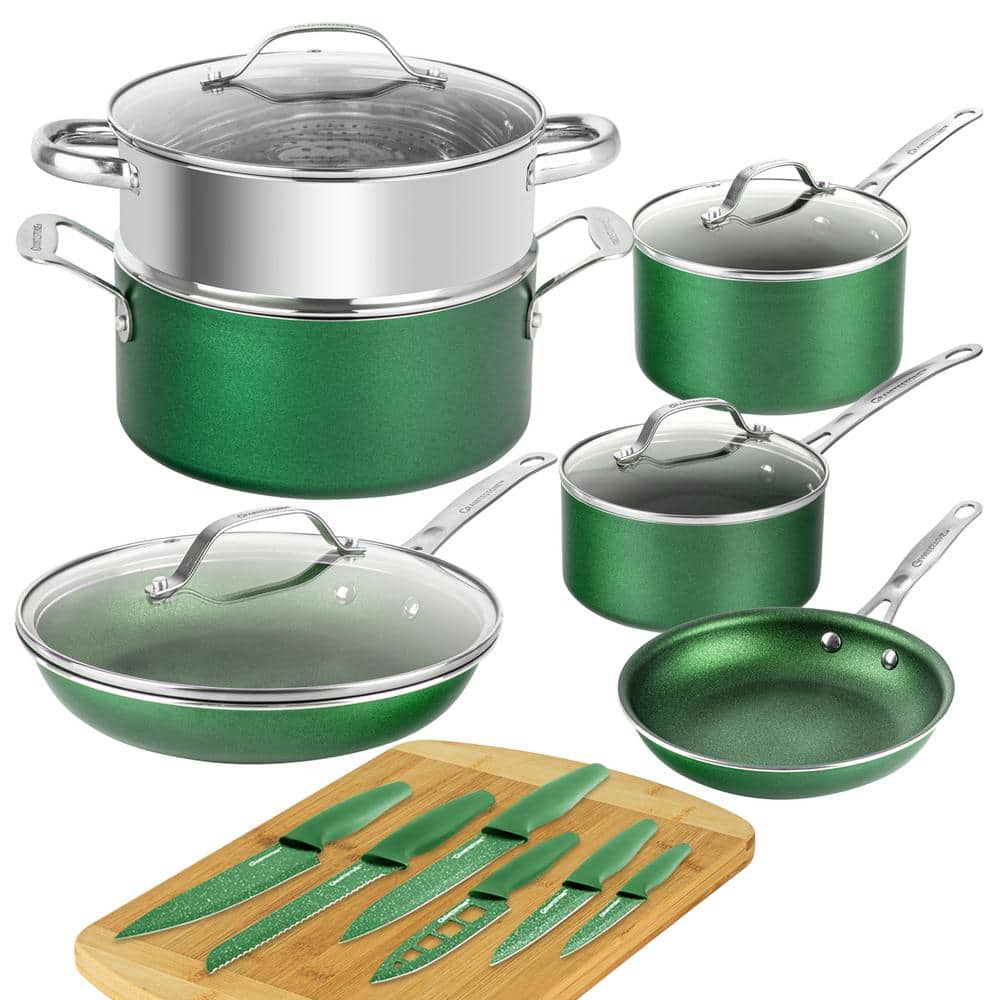 GRANITESTONE Emerald Green 17-Piece Aluminum Ultra-Durable Nonstick Diamond  Infused Knives and Cookware Set with Cutting Board 8307 - The Home Depot