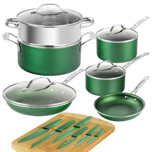 Emerald Green 17-Piece Aluminum Ultra-Durable Nonstick Diamond Infused Knives and Cookware Set with Cutting Board
