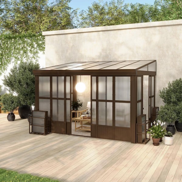 10 ft. x 12 ft. Lean-to Sunroom Wall Mounted Solarium with Sloping Polycarbonate Roof and 2 Lockable Sliding Door