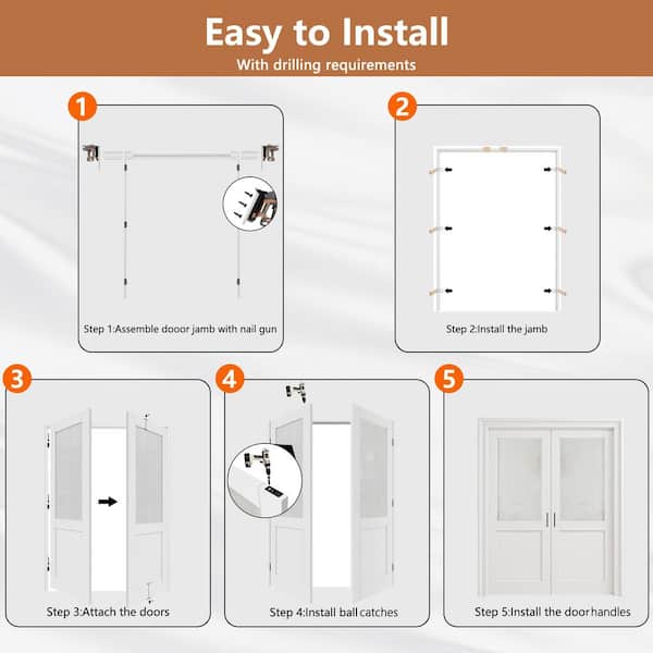 72 in. x 80 in. 1-Lite Clear Glass Universal White Solid Core Wood Double Prehung French Door+ Separate Jamb&Ball Catch