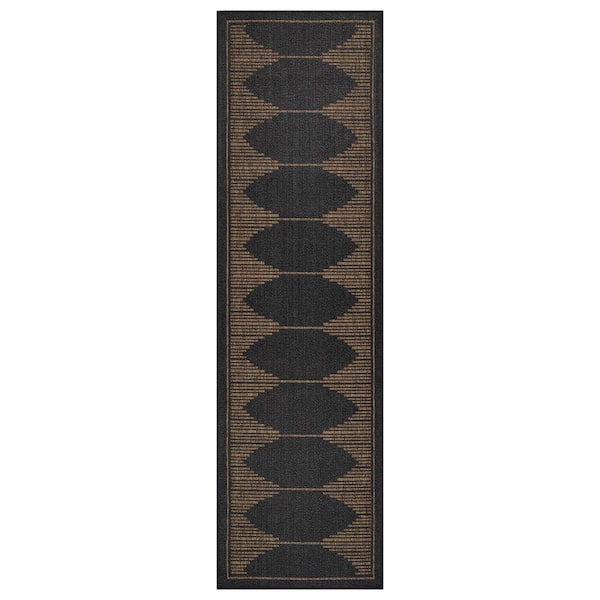 Geometric Dark Gray/Natural Easy-Care Jute-Style Indoor/Outdoor Flat Woven 2 ft. 3 in. x 8 ft. Dark Gray Area Rug