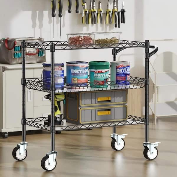 Heavy Duty 3-Shelf Black Adjustable Storage Rolling Utility Cart with Wood Tabletop, Hooks and Shelf Liners