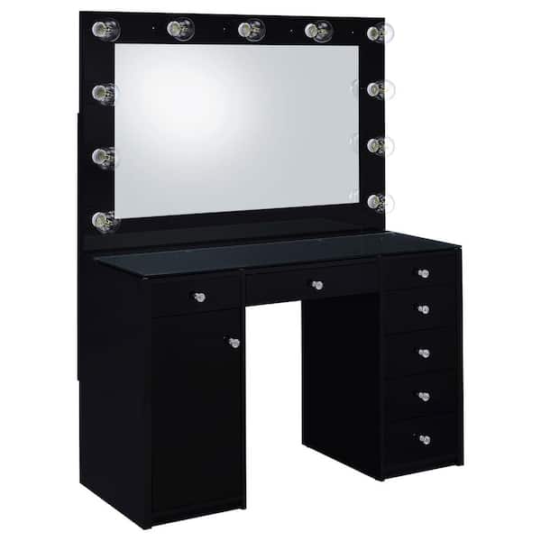 Coaster Acena 2-Piece Black Glass Top 7-drawer Makeup Vanity Desk with Lighting