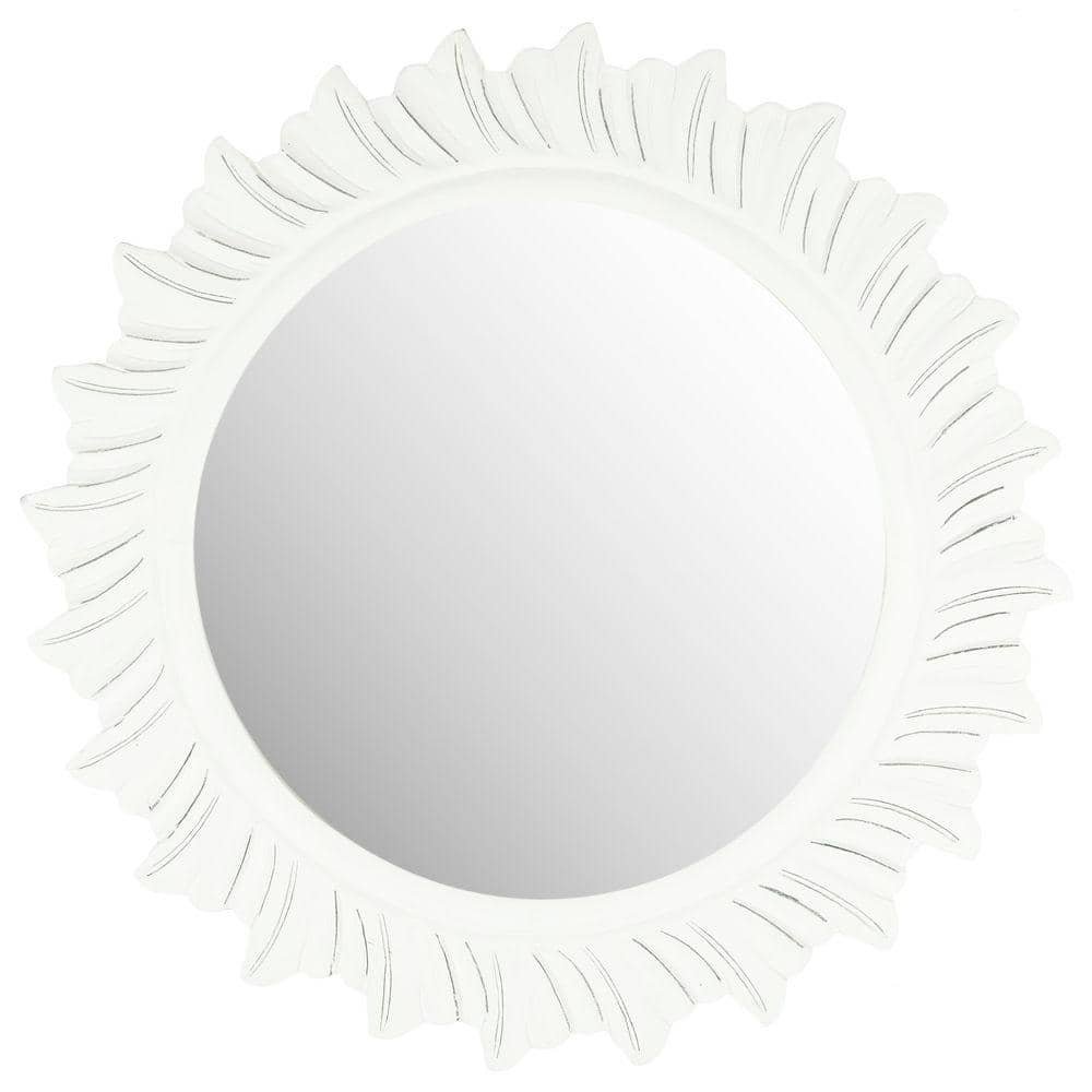 Antique White Round Wood Sunburst Wall Mirror