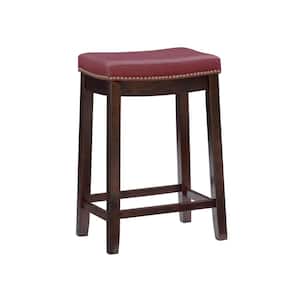 Concord 26.5 in. Brown Backless Wood Counter Stool with Red Faux Leather Seat