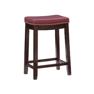 Concord 26.5 in. Dark Brown and Red Backless Wood Counter Stool with Faux Leather Seat