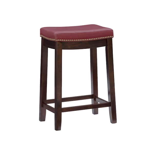 Linon Home Decor Concord 26.5 in. Dark Brown and Red Backless Wood Counter Stool with Faux Leather Seat