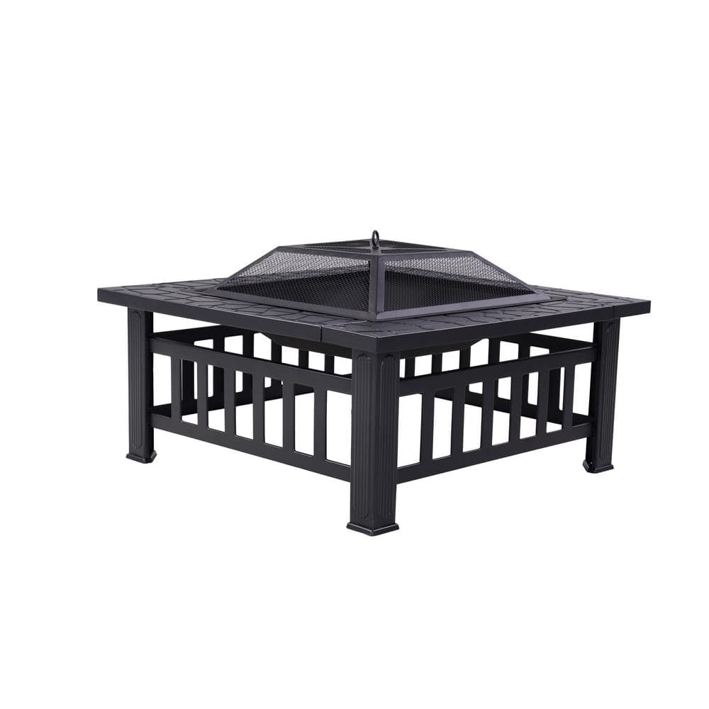 Wildaven 32 in. Outdoor Black Square Wood Burning Fire Pit with Wire