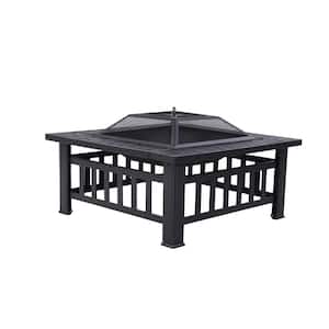 32 in. Outdoor Black Square Wood Burning Fire Pit with Wire Mesh Cover and Poker