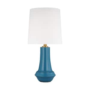 Jenna 12 in. W x 25.25 in. H Lucent Aqua Medium Contemporary Table Lamp for Living Room with White Linen Fabric Shade