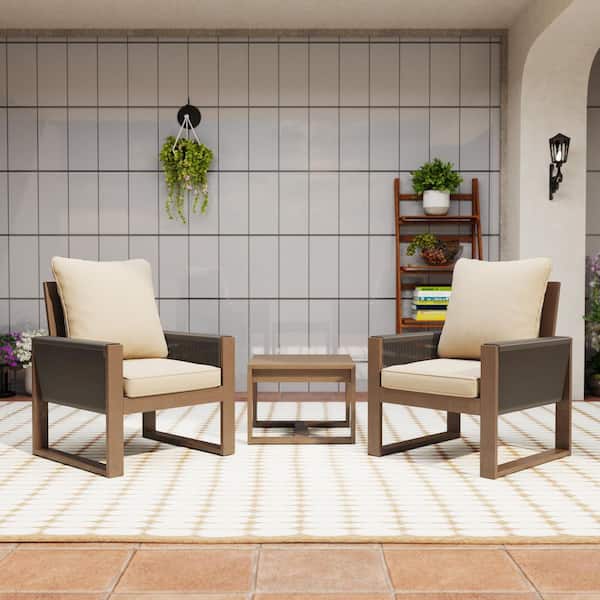 3-Piece Canadian Hemlock Wood Outdoor Lounge Chair Patio Conversation Set with Beige Cushions