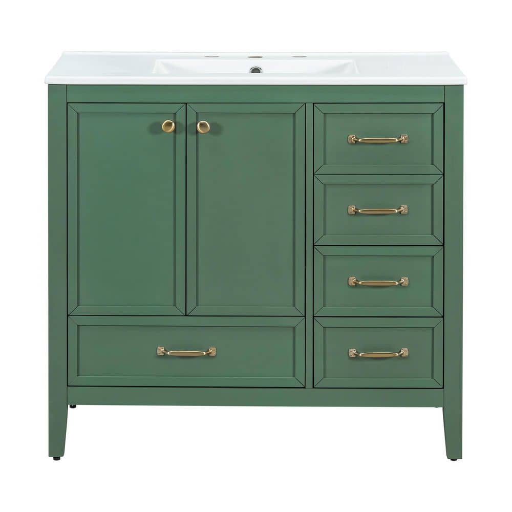 36 in. Freestanding Green Bath Vanity with White Ceramic Top Sink and 4 Drawers price history on PriceWatchPro