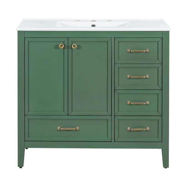36 in. Freestanding Green Bath Vanity with White Ceramic Top Sink and 4 Drawers