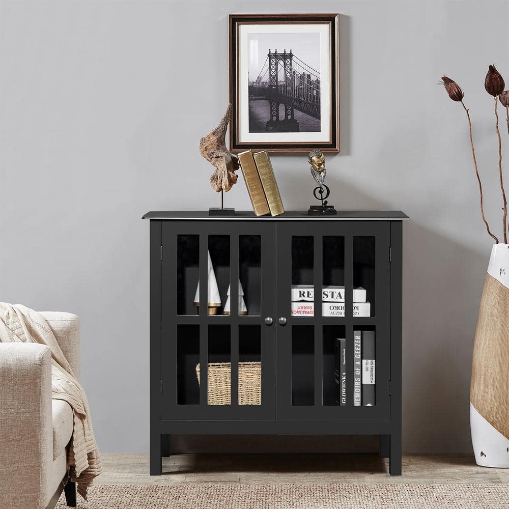 Modern Black MDF Console Table with Tempered Glass Doors
