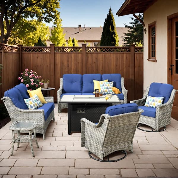 Eureka Gray 6-Piece Wicker Outdoor Patio Conversation Sofa Loveseat Set with a Metal Fire Pit and Navy Blue Cushions