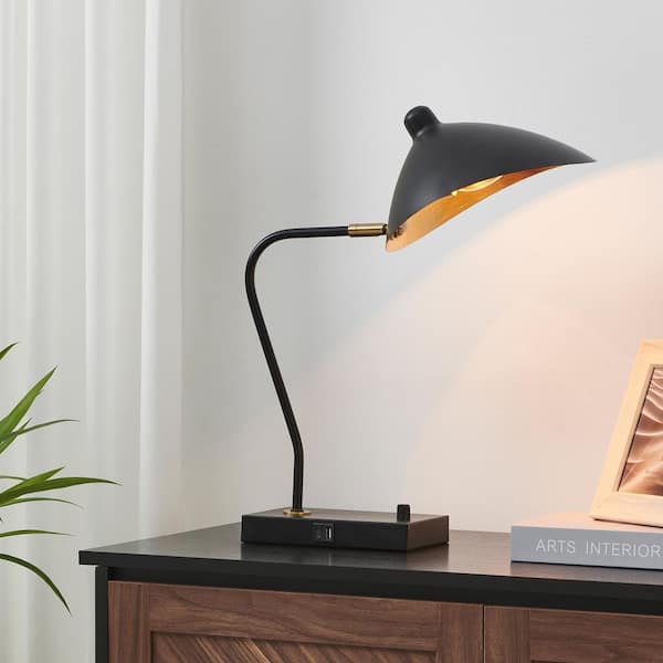 18.25 in. Black Task Desk Lamp with USB Port, Adjustable Head, and Gold Interior Shade