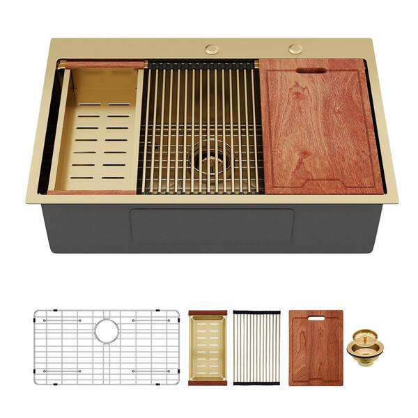 36 in. Drop-In Single Bowl 16 Gauge Gold Stainless Steel Kitchen Sink with Workstation