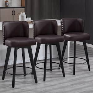 27.5 in. Brown Faux Leather Upholstered Wooden Counter Height Bar Stool Swivel Counter Stool (Set of 3)