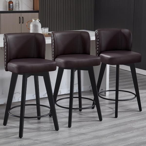 Hochwertiges 27.5 in. Brown Faux Leather Upholstered Wooden Counter Height Bar Stool Swivel Counter Stool (Set of 3)