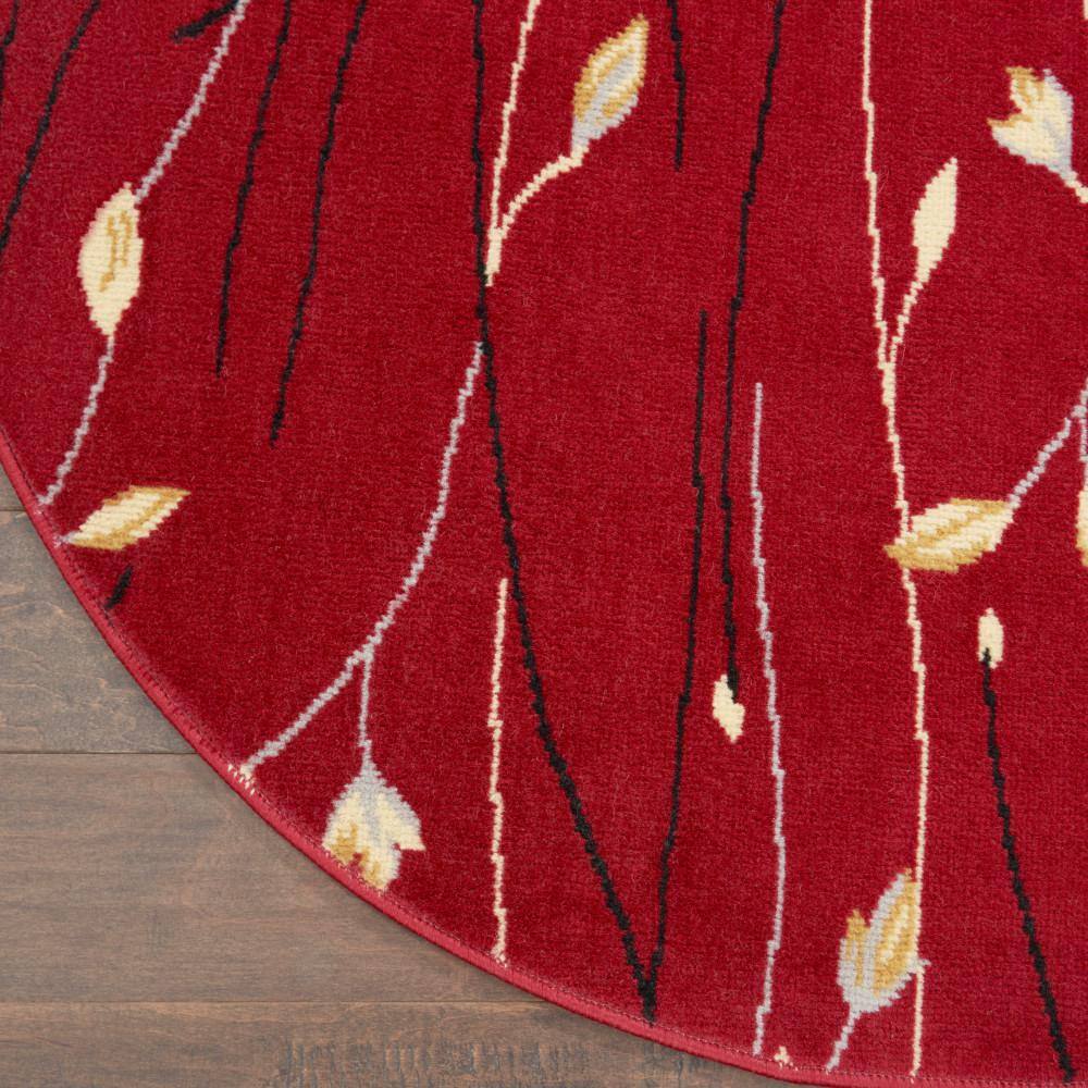 Red Round Floral Synthetic Easy Care Rug, 5'3"