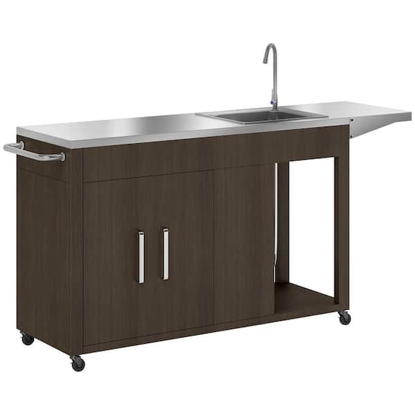 Brown Outdoor Grill Table with Stainless Steel Sink and Drainage, Grill Cart with Foldable Side Table and Cabinet