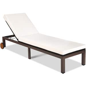 Adjustable Wicker Patio Recliner Chaise Lounge Chair White Cushioned Wheels