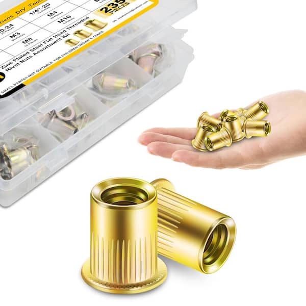 235-Piece Zinc-Plated Carbon Steel Rivet Nut Assortment Kit, Metric & SAE Threaded Inserts