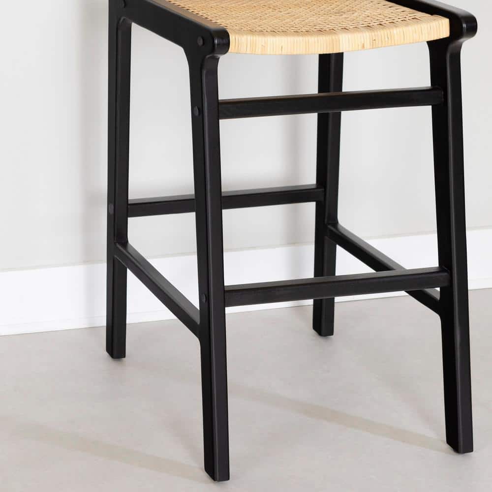 Balka 43" Black and Natural Rattan Teak Bar Stool