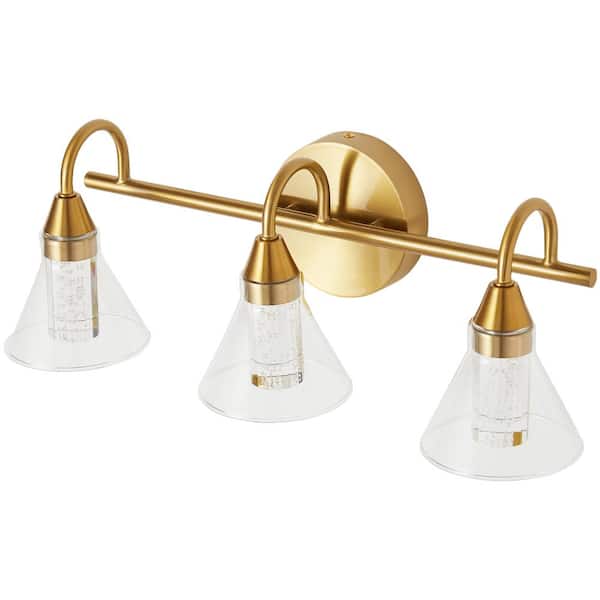 Deyidn Lighting 18.5 in. 3 Light Brushed Gold Metal and Crystal Bubble LED Vanity Light with Glass Shade