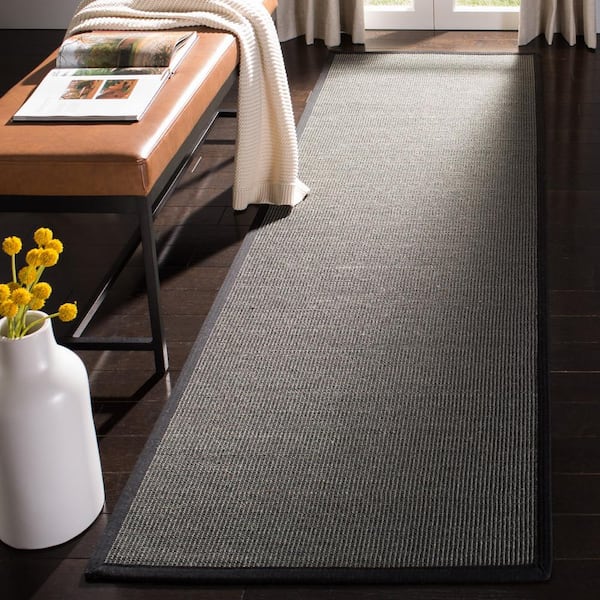 Natural Fiber Anthracite/Black 3 ft. x 10 ft. Anthracite/Black Solid Color Border Runner Rug