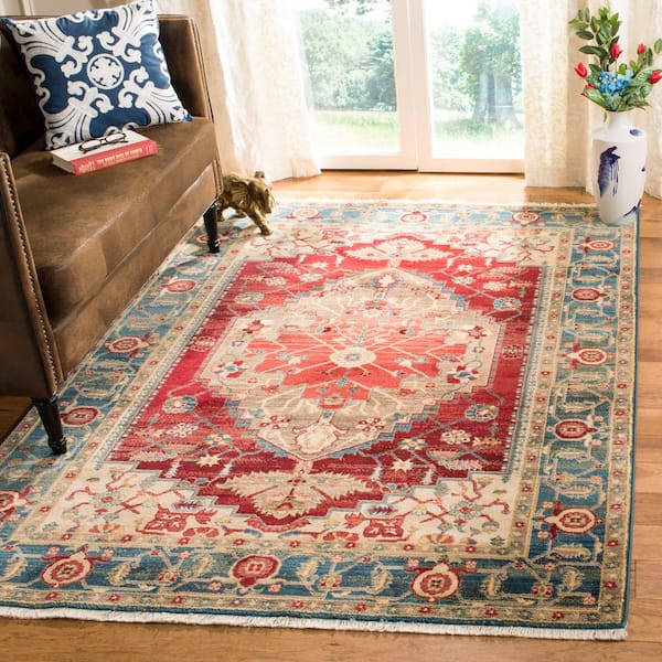 Kashan 4 ft. x 6 ft. Blue/Red Border Area Rug