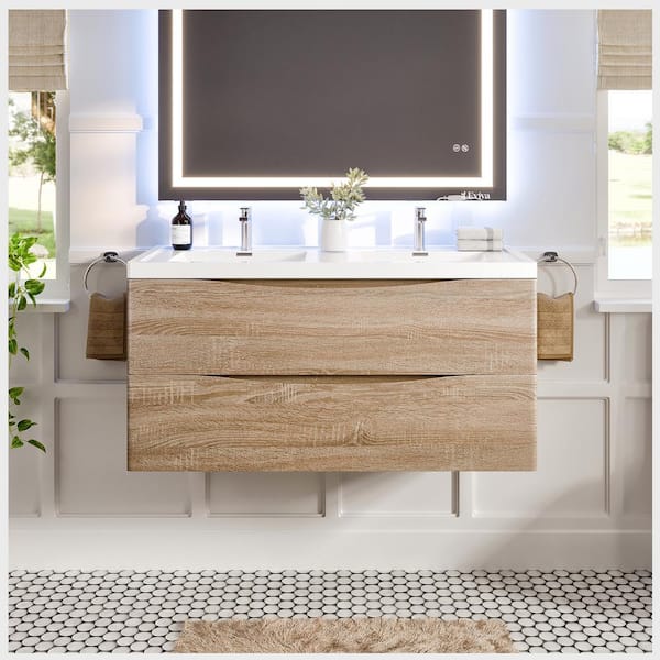 Eviva Smile 48 in. Double Sink Floating White Oak Bath Vanity with White Acrylic Top (Assembled)