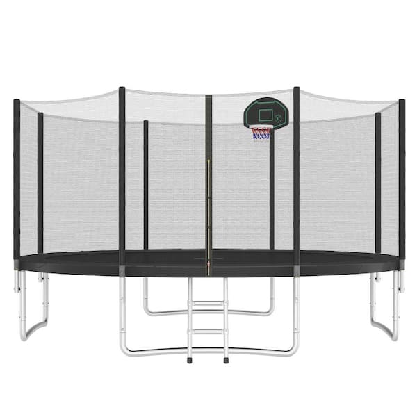 Huluwat 14 ft. Round Outdoor Deluxe Recreational Trampoline with Safety Enclosure Net, Basketball Hoop and Ladder, Black