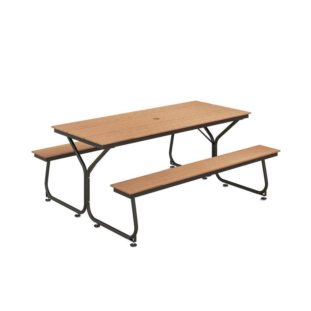 6FT Brown HDPE and Metal Outdoor Picnic Table Bench Set