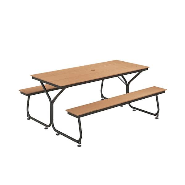 WELLFOR 72 in. Brown Rectangle HDPE and Metal Picnic Tables for 6-People to 8-People with 2.3 in. Umbrella Hole