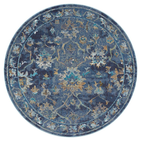 Gracie Jacobean Indigo/Multi 5 ft. Round Floral Border Persian Indoor Rug