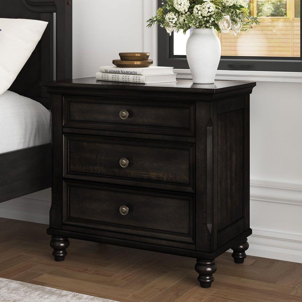 OrangeOne Black 28 in. W Rectangle Nightstand 3 Drawers Storage