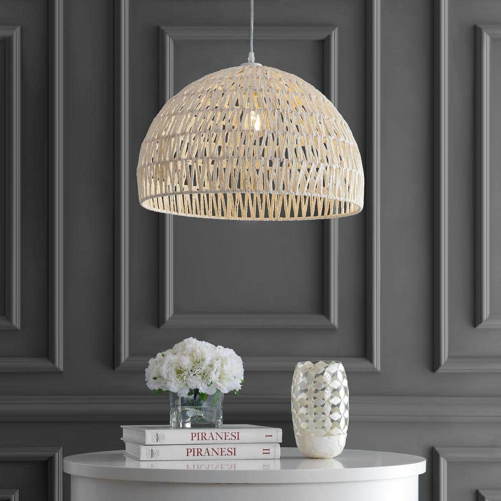 Campana 20" Cream Woven Rattan & Iron LED Pendant with Adjustable Drop