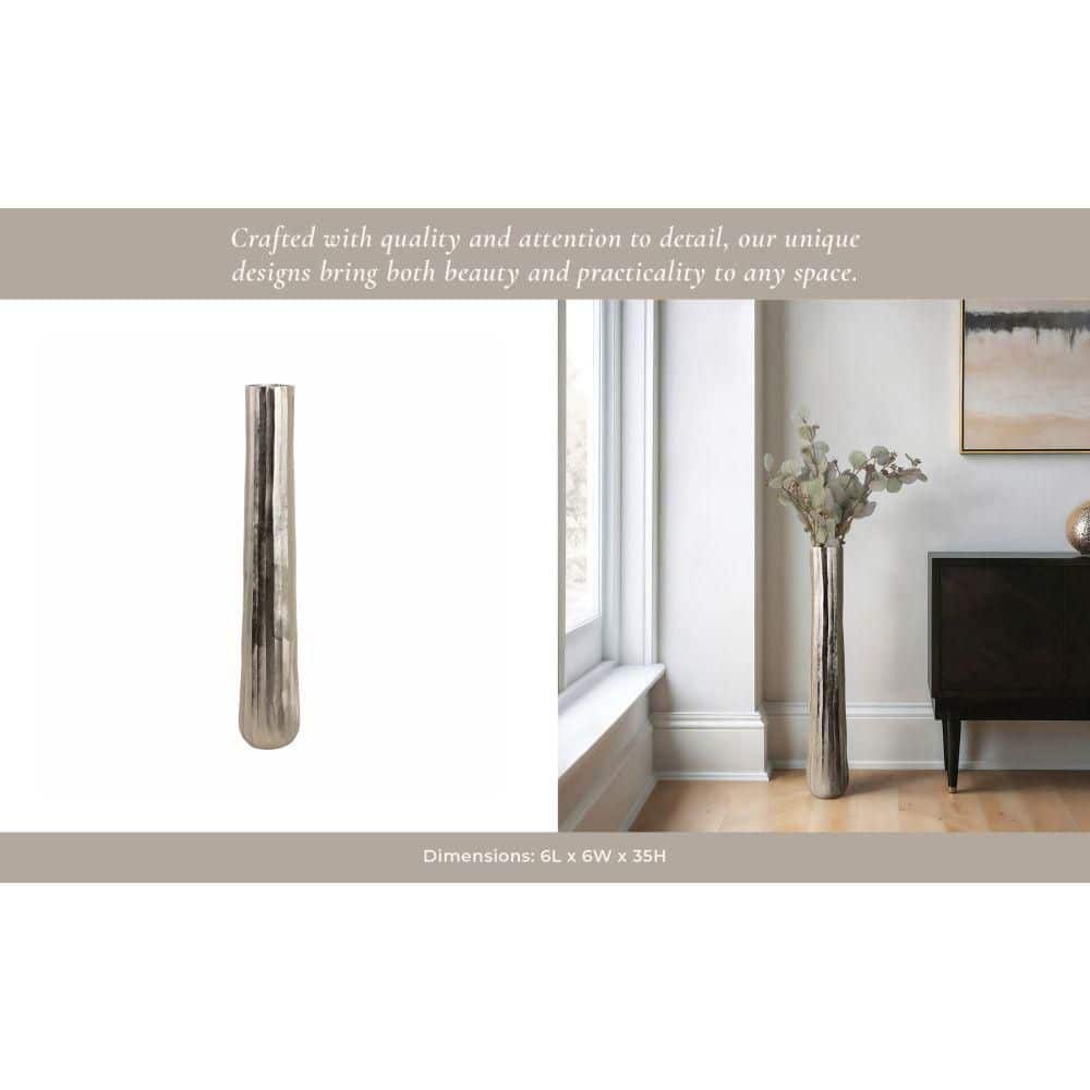 Tall Silver Etched Metal Decorative Floor Vase