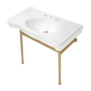 Bristol 36 in. Ceramic Console Sink Set with Stainless Steel Legs in White/Brushed Brass