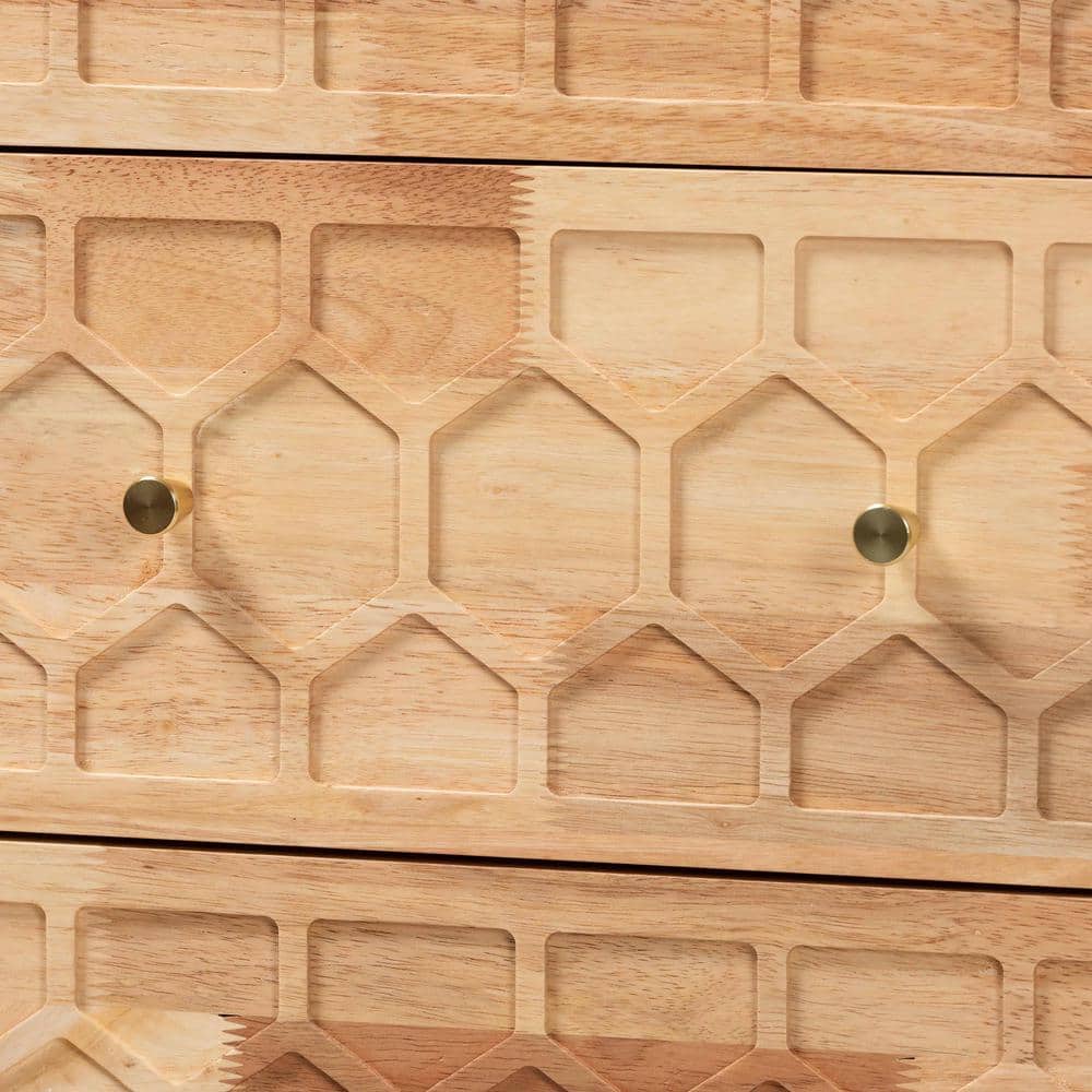 Natural Rubberwood 6-Drawer Honeycomb Dresser with Cone Legs