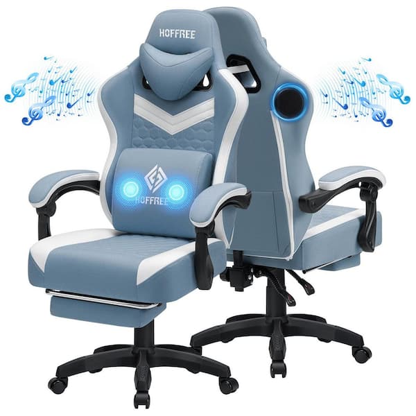 Hoffree Fabric Reclining Ergonomic Gaming Chair in Blue/White with Bluetooth Speakers and Vibration Lumbar Pillow