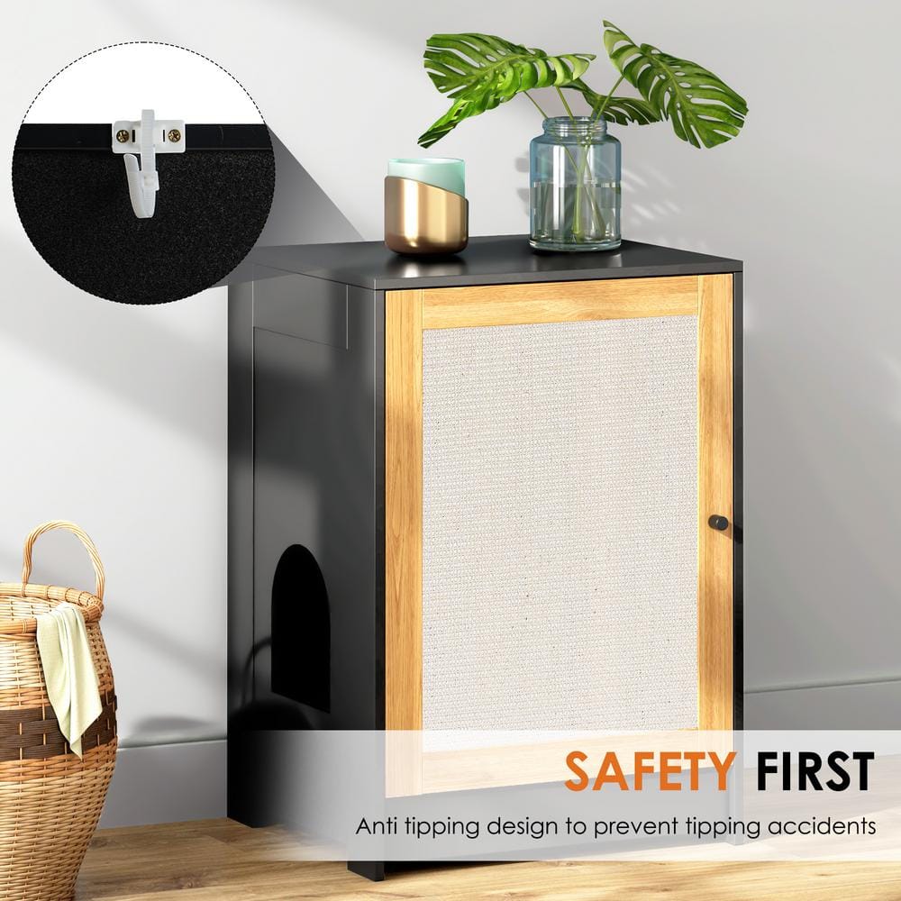 Black Particle Board Cat Litter Box Enclosure with Sisal Door