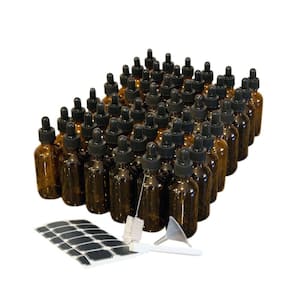 2 oz. Glass Dropper Bottles with Funnel, Brush, Marker and Labels - Amber (Pack of 48)