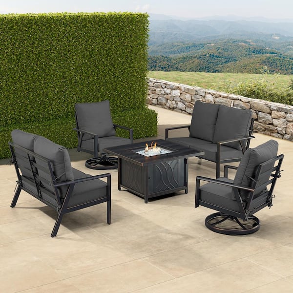 Oakland Living Black 6-Piece Aluminum Patio Fire Pit with 2-Deep Seating Loveseat and 2-Club Chairs Black Cushions