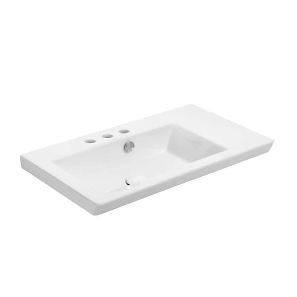 Joy 6.5 in. Wall-Mounted Rectangular Bathroom Sink in Glossy White Ceramic with Three Faucet Holes