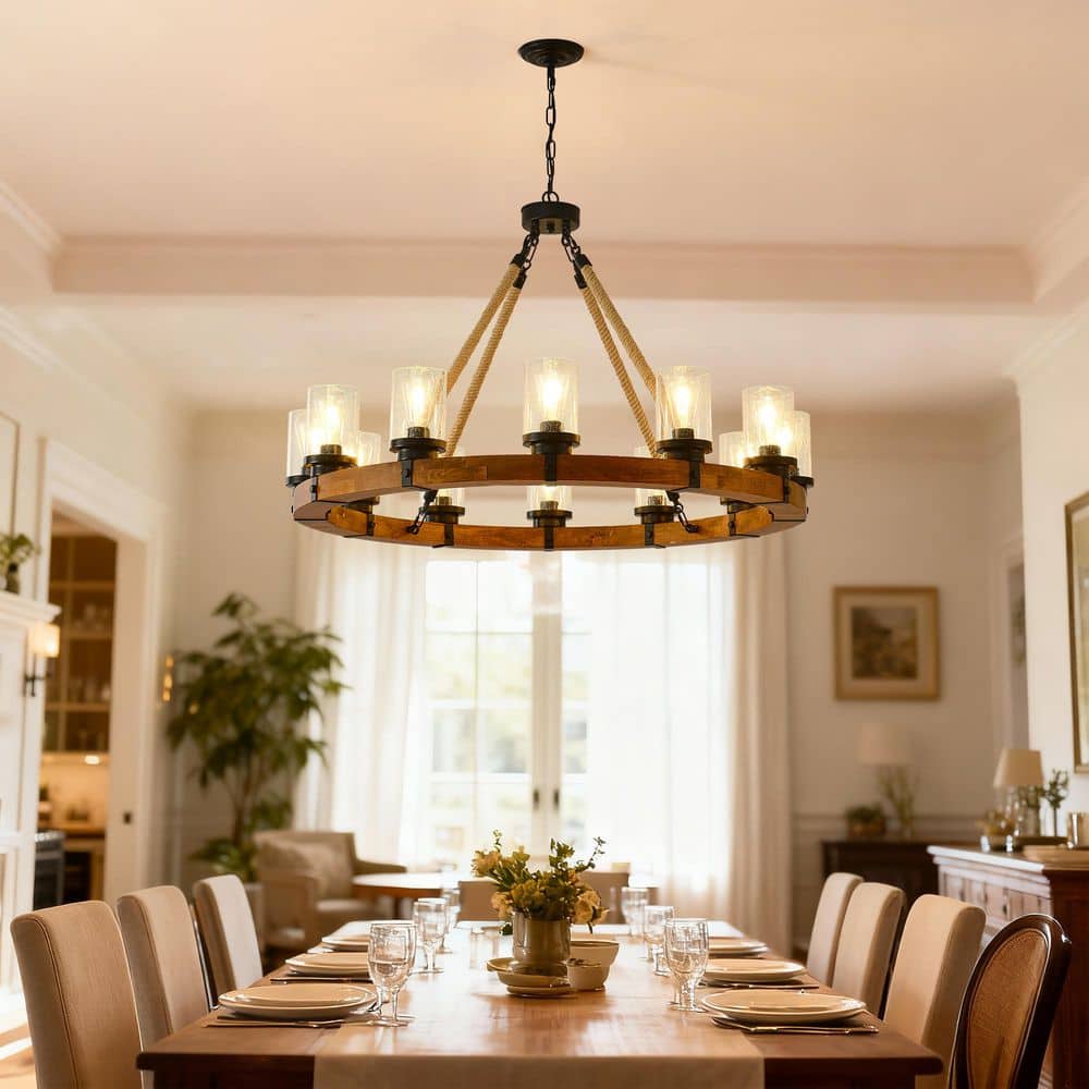 Farmhouse Wood 12-Light Rustic Wagon Wheel Chandelier with Seeded Glass Shade, Pendant Fixture for Dining Room(No Bulbs) price history on PriceWatchPro