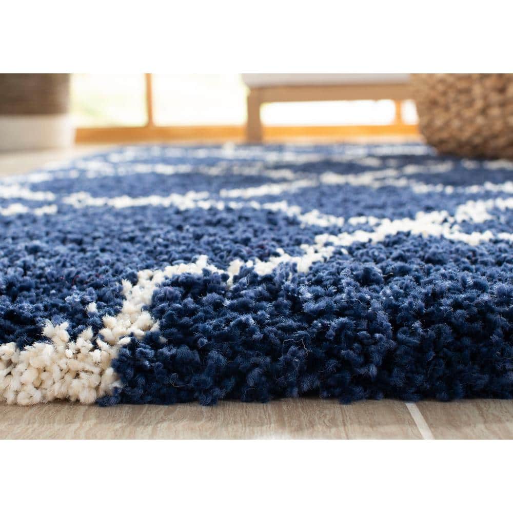 Navy and Ivory Geometric Shag Area Rug 4' x 6'